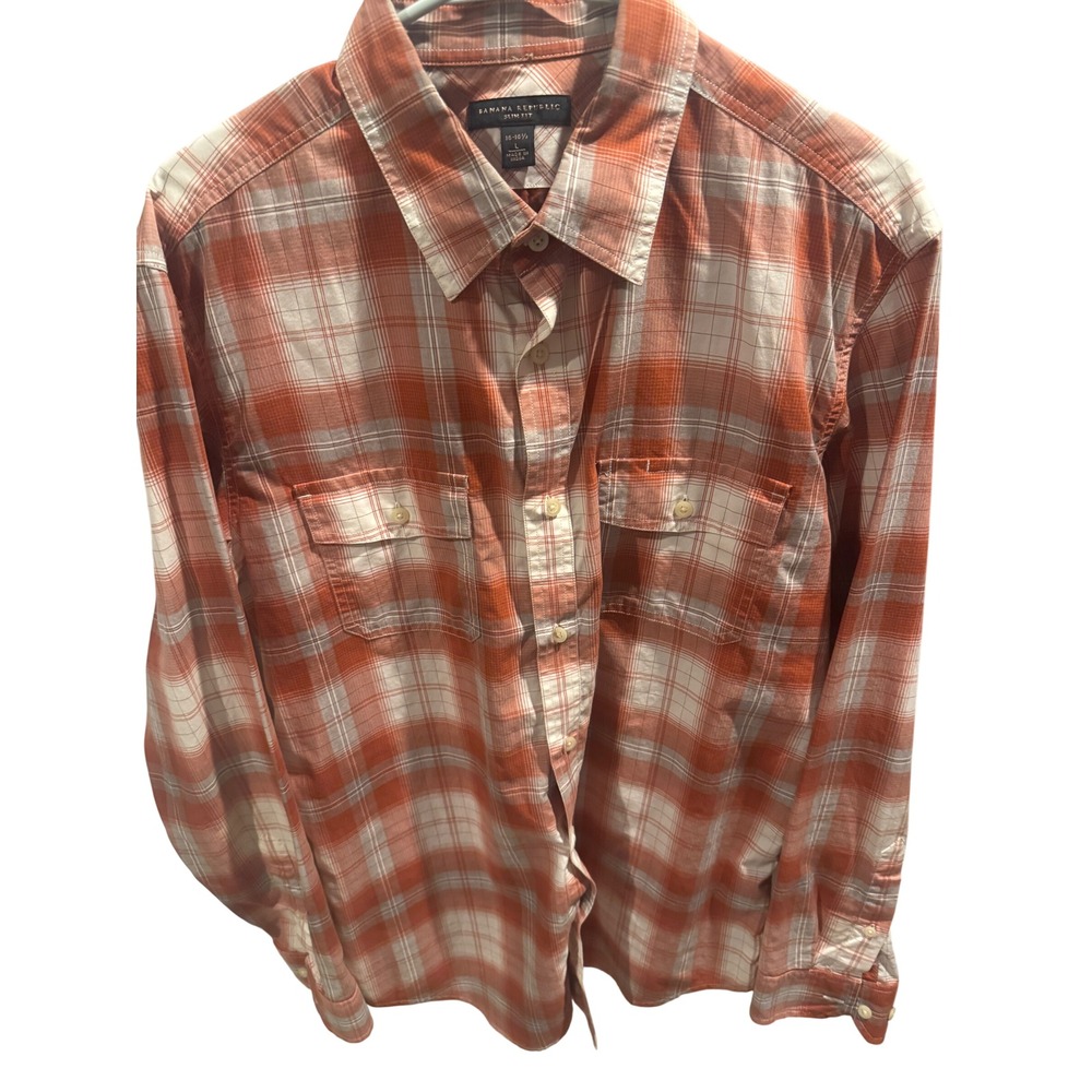 Banana Republic Slim Fit Plaid Button Down Shirt Orange White Mens Large L